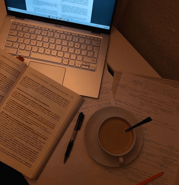 Desk with notes and coffee